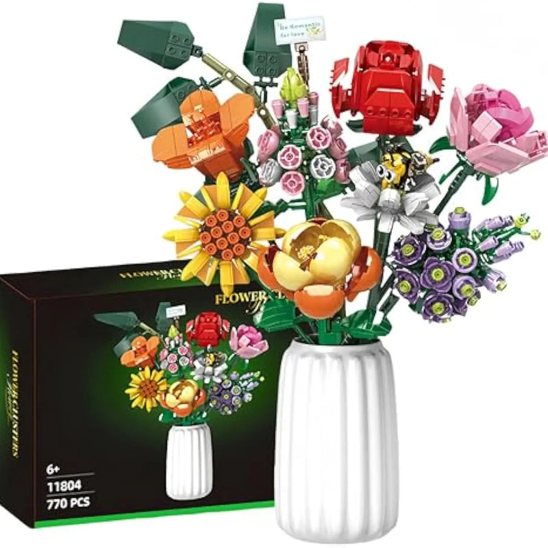 HKM-039123 Flower Bouquet Building Blocks Set - 40-Piece DIY Toy for Ages 2 and Up - Includes Rose Design