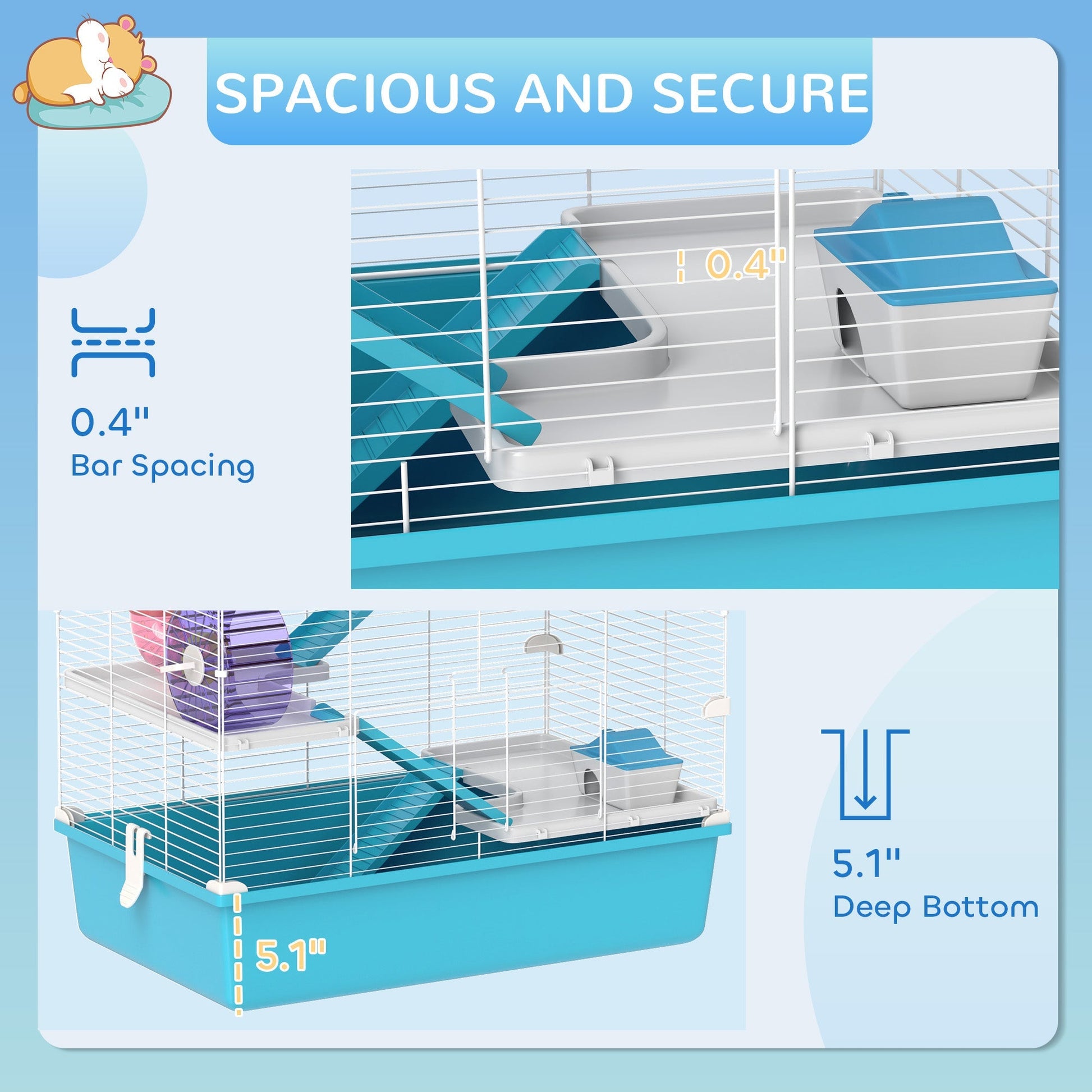 HKM-0392125 6-Tier Hamster Cage with Colorful Tubes, Ramps, Wheel, Hut, Food Dish & Water Bottle for Dwarf Hamsters and Gerbils - Light Blue