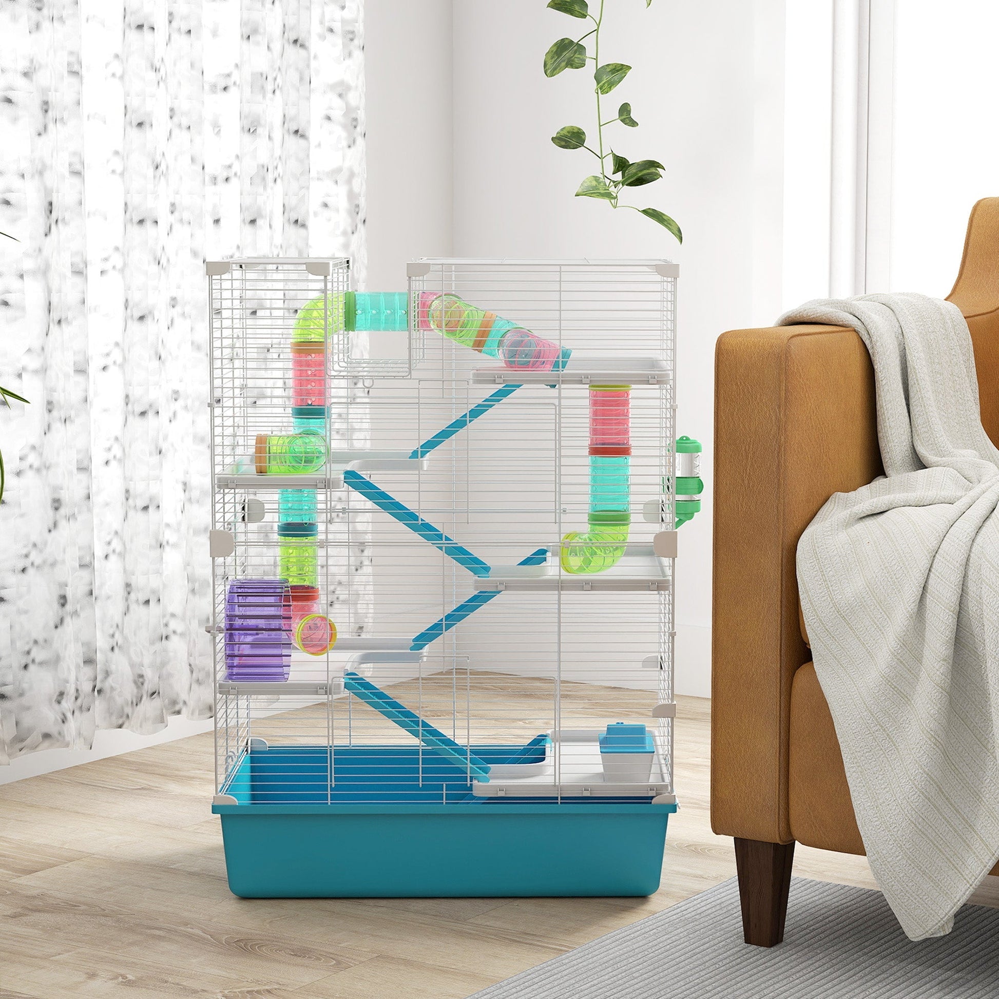 HKM-0392125 6-Tier Hamster Cage with Colorful Tubes, Ramps, Wheel, Hut, Food Dish & Water Bottle for Dwarf Hamsters and Gerbils - Light Blue