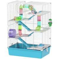 HKM-0392125 6-Tier Hamster Cage with Colorful Tubes, Ramps, Wheel, Hut, Food Dish & Water Bottle for Dwarf Hamsters and Gerbils - Light Blue