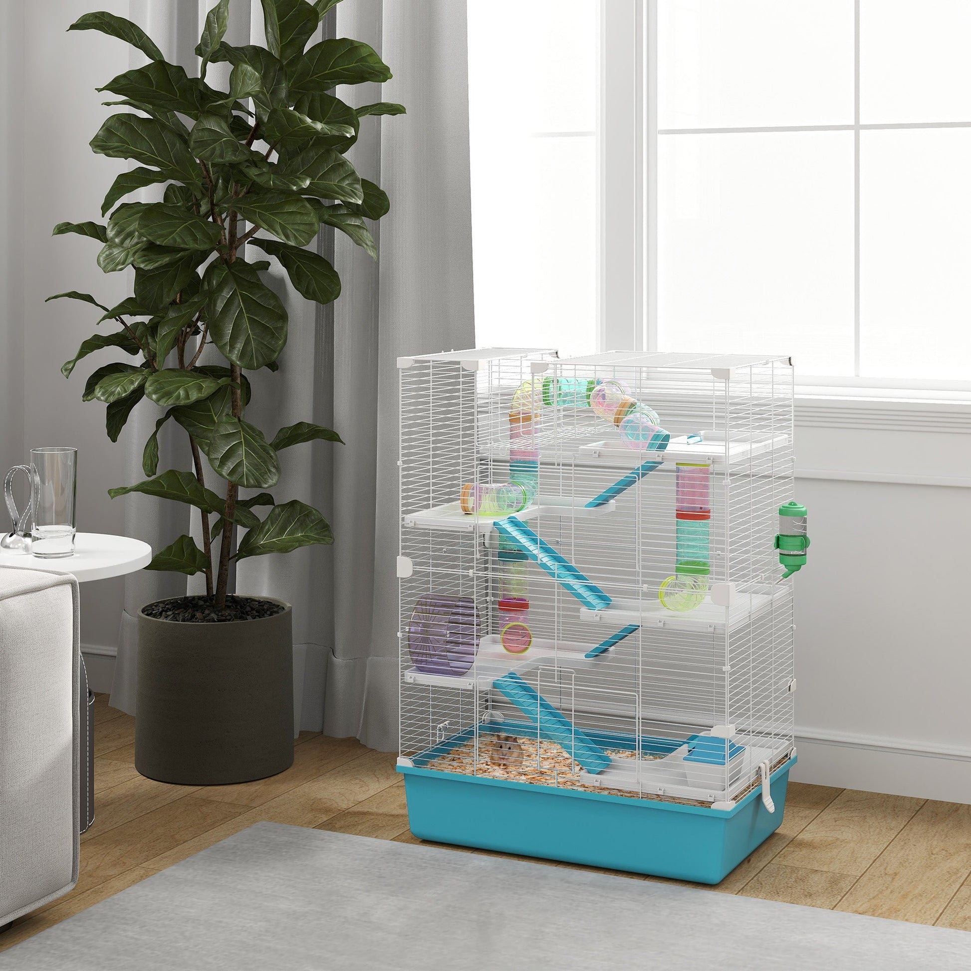 HKM-0392125 6-Tier Hamster Cage with Colorful Tubes, Ramps, Wheel, Hut, Food Dish & Water Bottle for Dwarf Hamsters and Gerbils - Light Blue