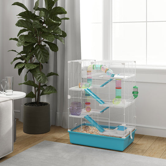 HKM-0392125 6-Tier Hamster Cage with Colorful Tubes, Ramps, Wheel, Hut, Food Dish & Water Bottle for Dwarf Hamsters and Gerbils - Light Blue