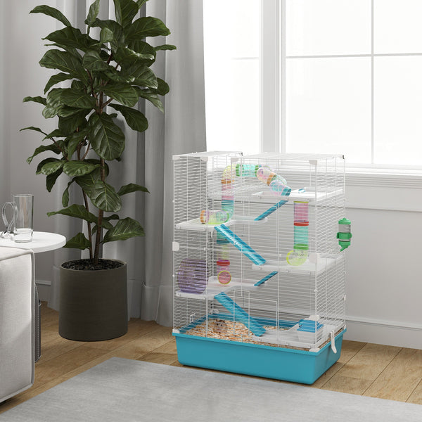 HKM-0392125 6-Tier Hamster Cage with Colorful Tubes, Ramps, Wheel, Hut, Food Dish & Water Bottle for Dwarf Hamsters and Gerbils - Light Blue