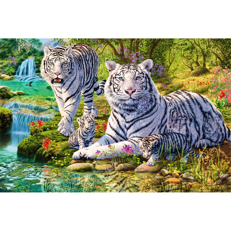 HKM-039315 Diamond Painting Kit - Mosaic Tiger Family in Lush Forest - Circle Resin Diamonds for Home Decoration