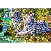 HKM-039315 Diamond Painting Kit - Mosaic Tiger Family in Lush Forest - Circle Resin Diamonds for Home Decoration