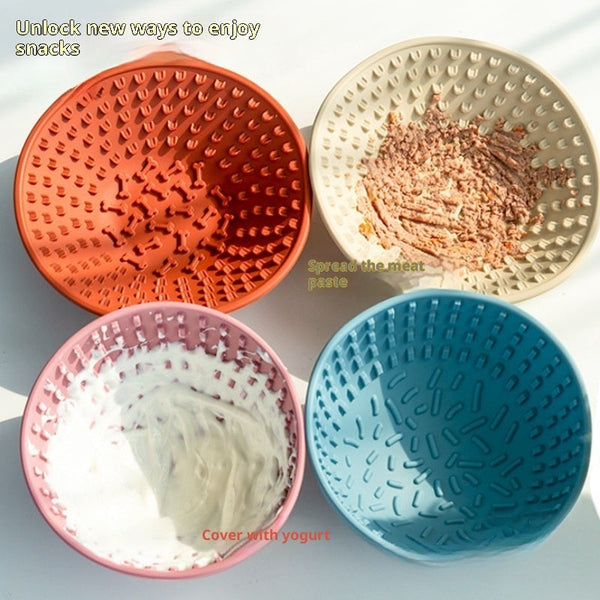 HKM-0394429 Three-Compartment Silicone Slow Feeder Bowl and Lick Mat, 21cm Diameter, Yellow and Coral Red