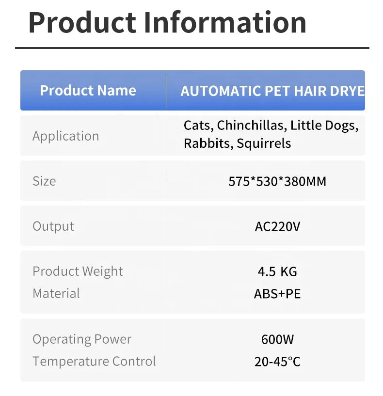 HKM-039571 Eco-Friendly 55L 800W Pet Grooming Dryer Box for Cats, Rabbits, and Small Dogs, Indoor Use