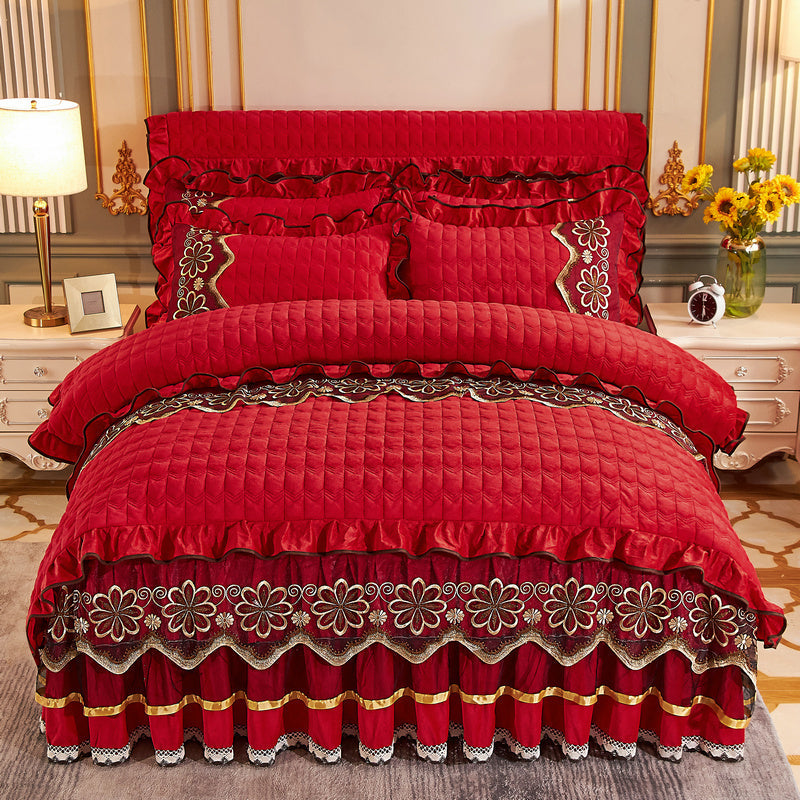HKM-039635 Crystal Velvet Quilted Four-Piece Duvet Cover and Bed Skirt Set