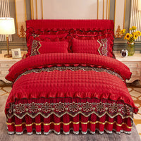 HKM-039635 Crystal Velvet Quilted Four-Piece Duvet Cover and Bed Skirt Set