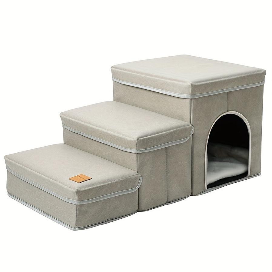 HKM-039635 Foldable 3-Level Dog Stairs with Storage for Small to Medium Breeds - Durable Oxford Fabric Pet Ramp for High Beds and Sofas