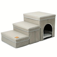 HKM-039635 Foldable 3-Level Dog Stairs with Storage for Small to Medium Breeds - Durable Oxford Fabric Pet Ramp for High Beds and Sofas