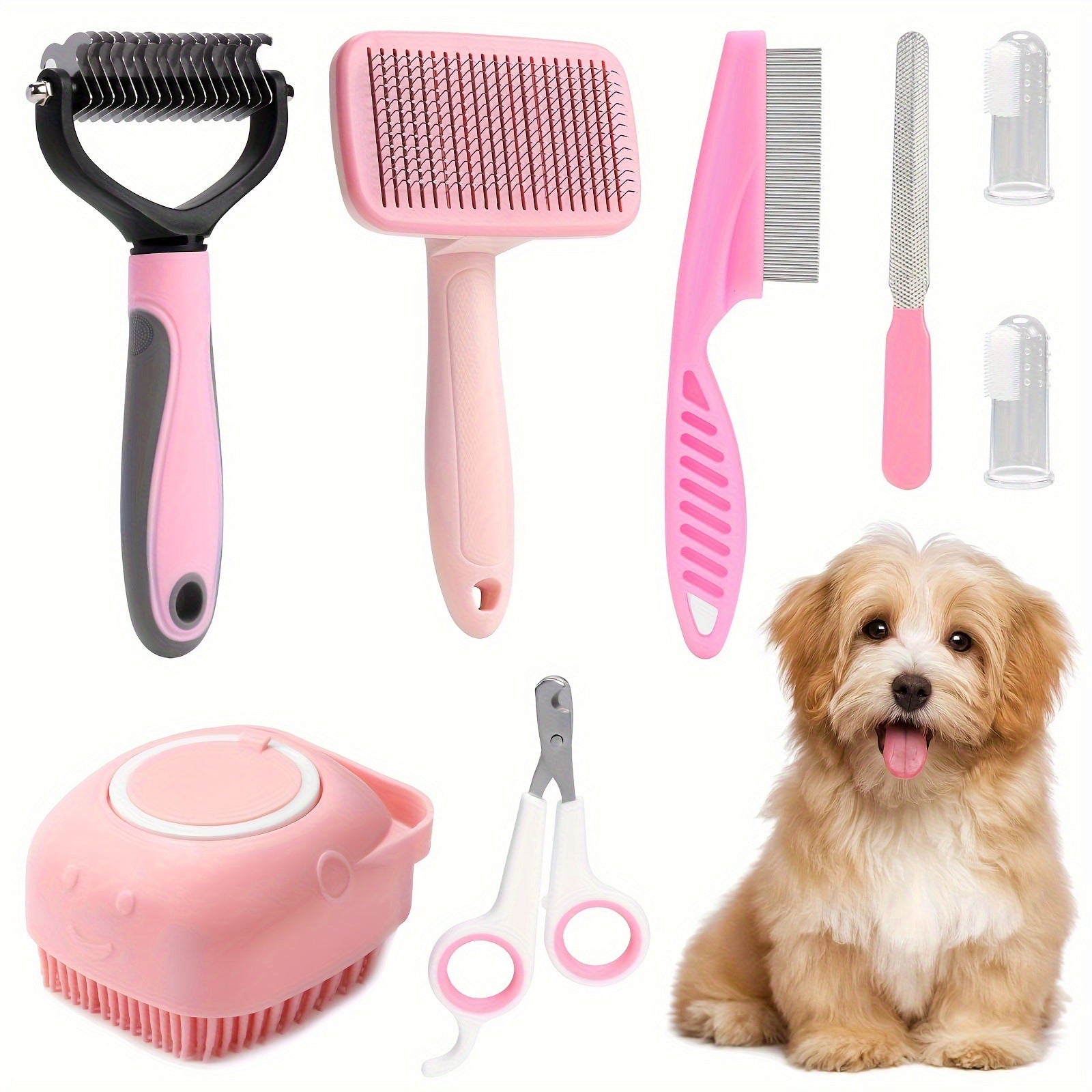 HKM-0399805 8-Piece Self-Cleaning Dog Grooming Tool Set in Pink and Blue