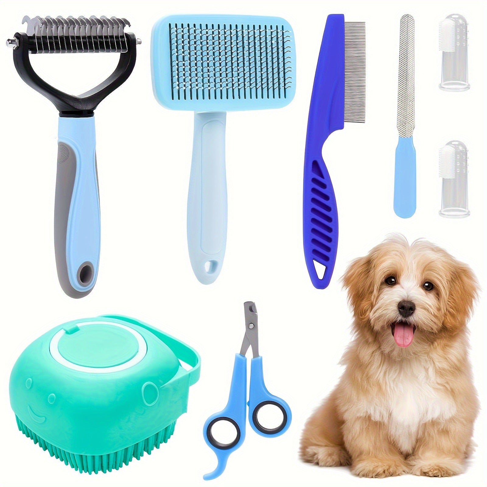HKM-0399805 8-Piece Self-Cleaning Dog Grooming Tool Set in Pink and Blue