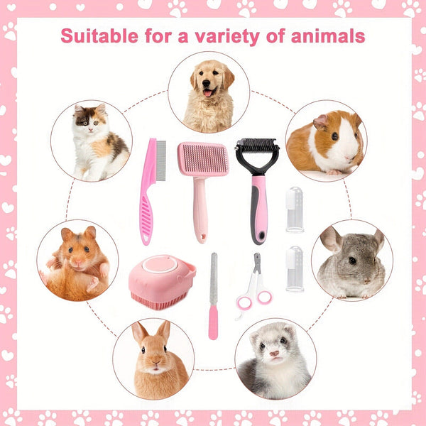 HKM-0399805 8-Piece Self-Cleaning Dog Grooming Tool Set in Pink and Blue