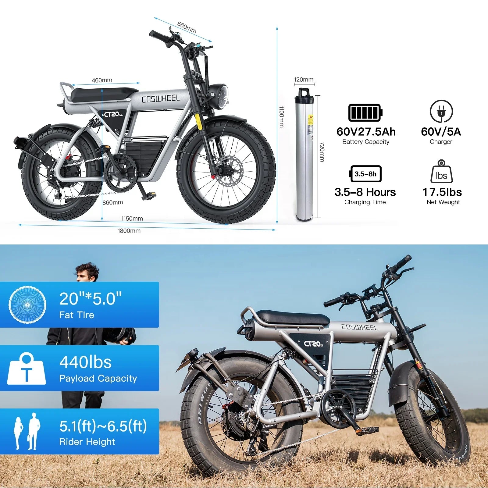 HKM-040019 2000W Electric Fat Tire Bike - 65km/h Max Speed, 20-Inch Wheels, 7-Speed Gears, LCD Display, Urban Commuter