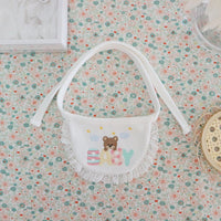 HKM-0401597 Cute Bear Embroidery Cotton Saliva Towel Small Bib - White
