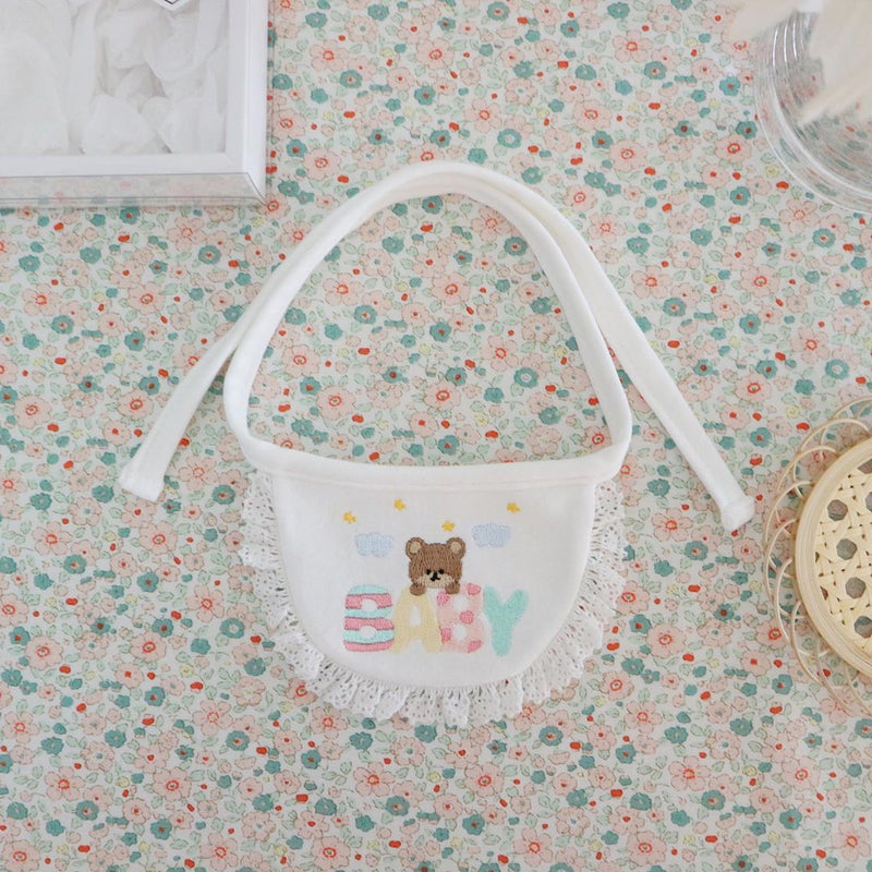 HKM-0401597 Cute Bear Embroidery Cotton Saliva Towel Small Bib - White
