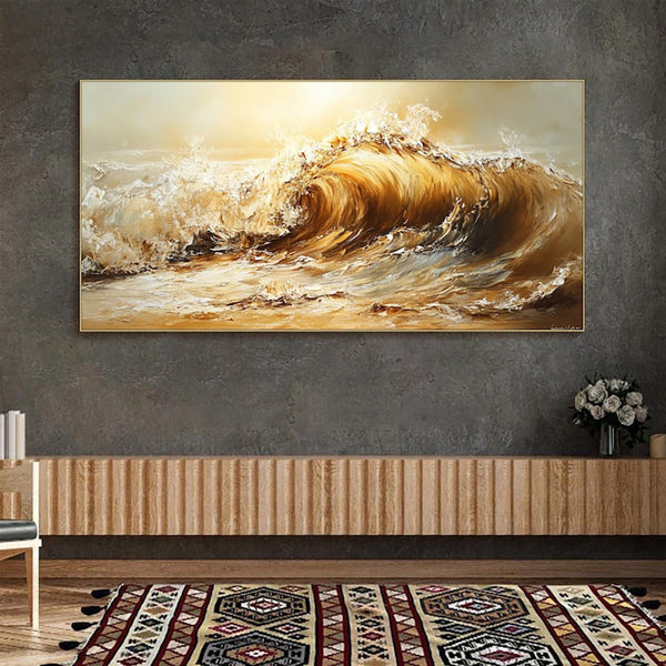 HKM-040403 Abstract Yellow Waves Handmade Oil Painting on Canvas - Unstretched Art for Home Decor