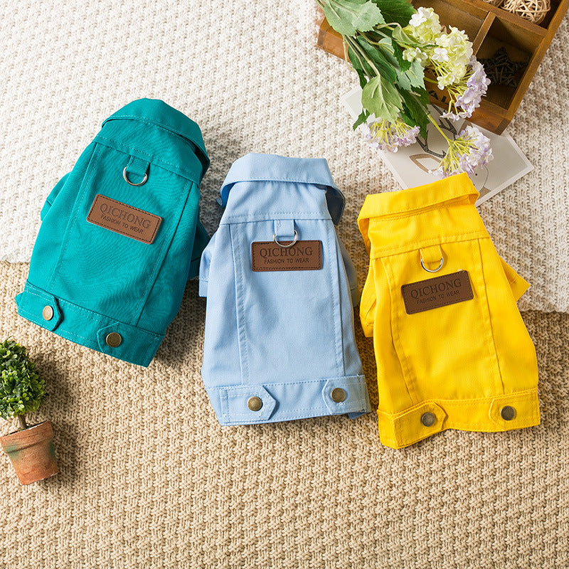 HKM-0408125 Pet Dog Denim Jacket in Green, Light Blue, and Yellow - Fashionable Minimalist Design