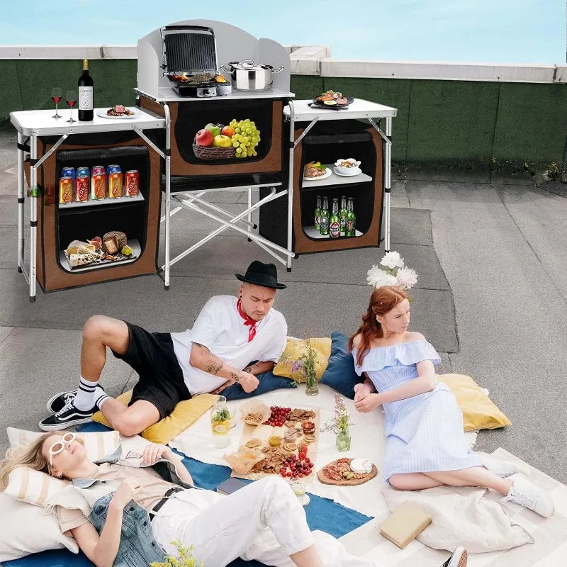 HKM-040979 Portable Outdoor Folding Cooking Station with Storage for Camping and Mobile Kitchen Use