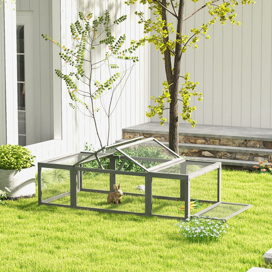 HKM-0413373 Large Gray Wooden Rabbit Hutch with Outdoor Run and Lockable Access Doors for Small Animals
