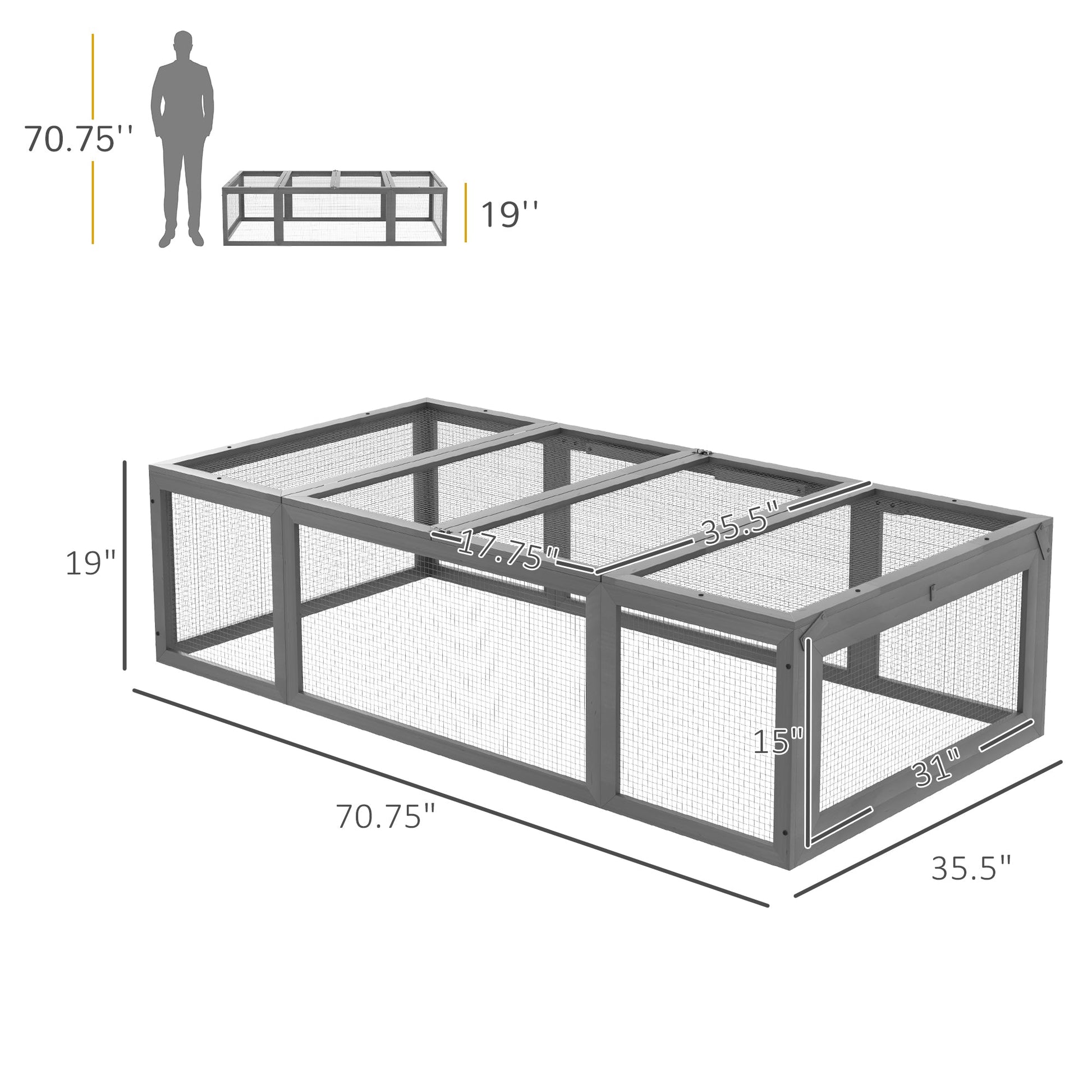 HKM-0413373 Large Gray Wooden Rabbit Hutch with Outdoor Run and Lockable Access Doors for Small Animals