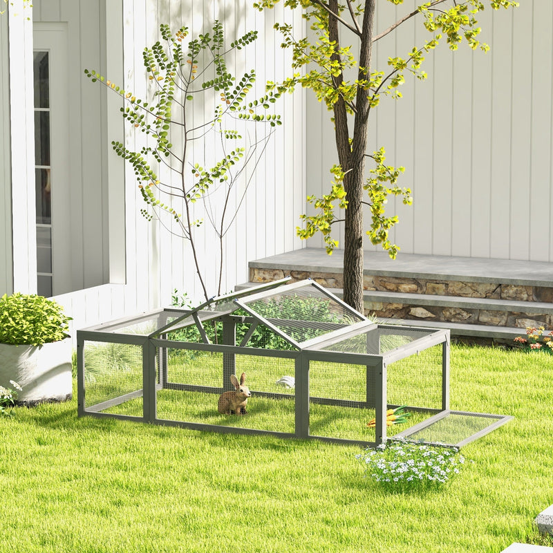 HKM-0413373 Large Gray Wooden Rabbit Hutch with Outdoor Run and Lockable Access Doors for Small Animals