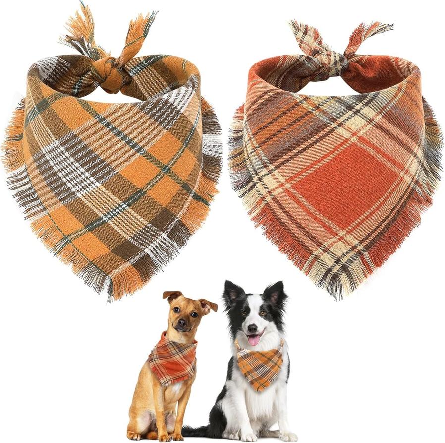HKM-041363 Fall Plaid Triangle Dog Bandana with Tassel Edges for Thanksgiving and Everyday Wear