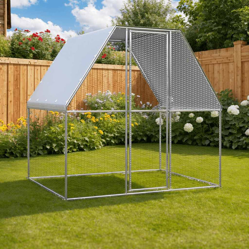 HKM-0417085 Galvanized Steel Chicken Coop - 2x2x2 m Outdoor Enclosure for Hens and Small Animals