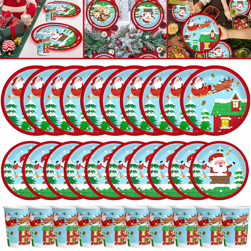 HKM-041747 Christmas Party Tableware Set - 30 Pieces of Elk & Claus Paper Plates and Cups for Holiday Dinner