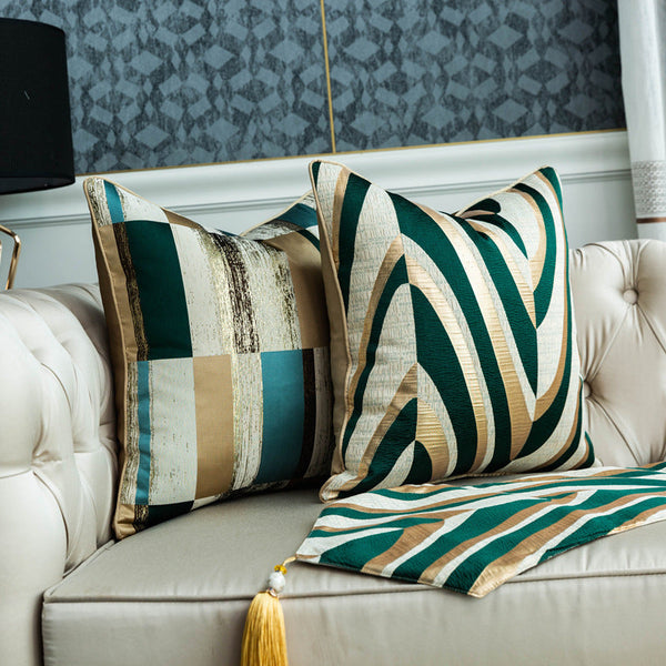 HKM-041747 Geometric Gold Green Striped Cushion Cover - Decorative Pillowcase for Living Room, 30x50cm, 45x45cm, 50x50cm