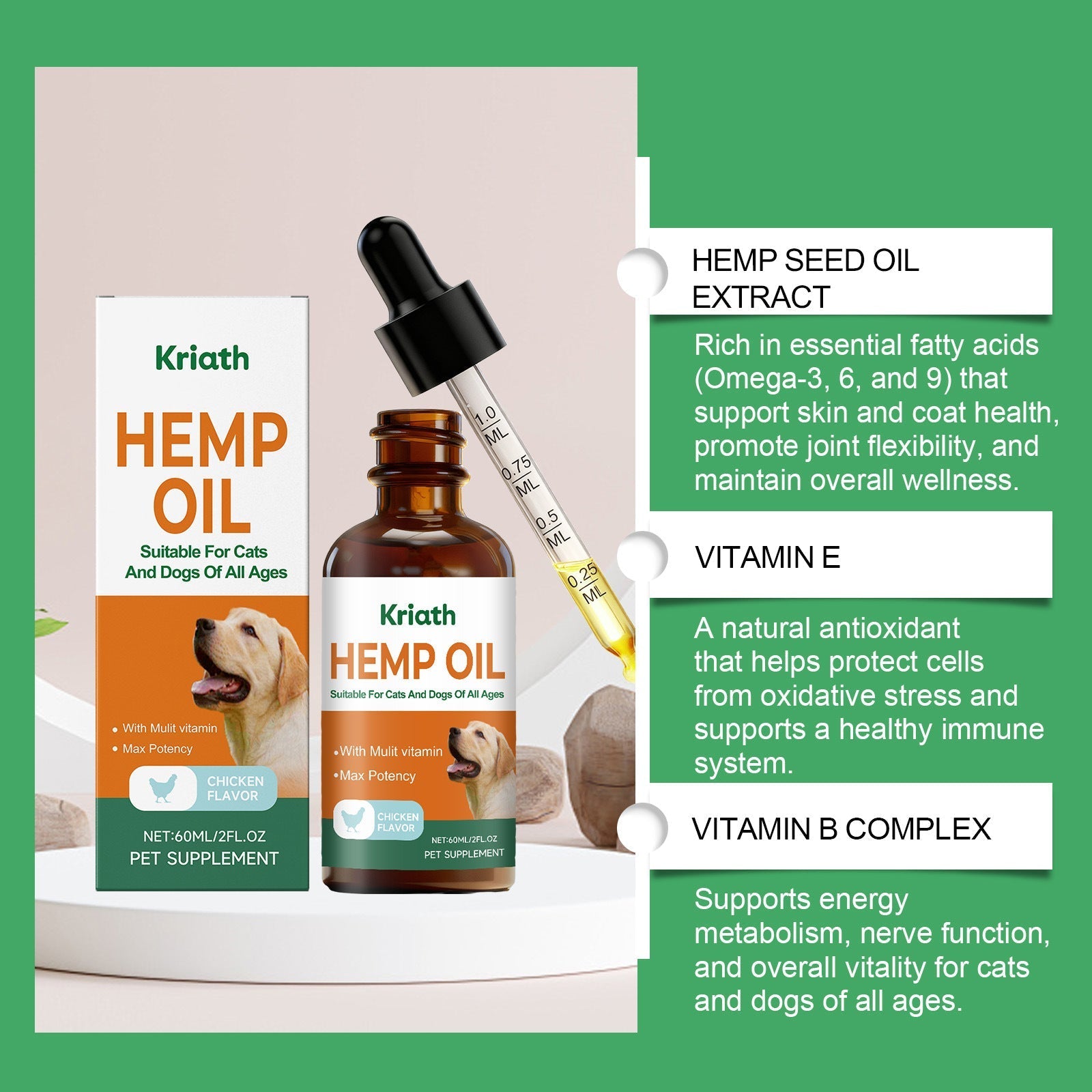 HKM-0421309 Hemp Seed Oil Vitality Drops for Cats and Dogs - 60ml with Omega Fatty Acids and Vitamins
