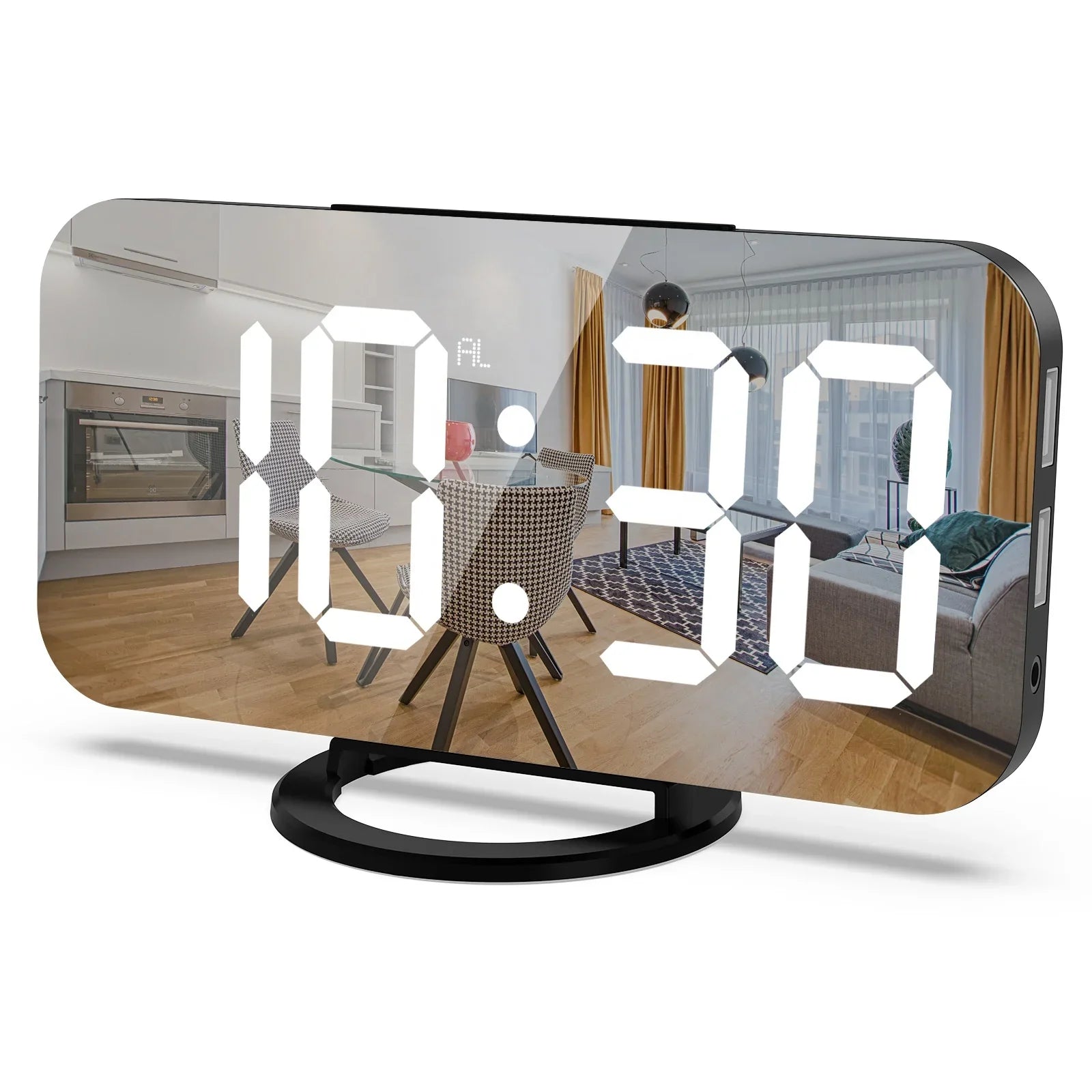 HKM-042195 Modern Digital LED Alarm Clock with Mirror Display and USB Charging Ports