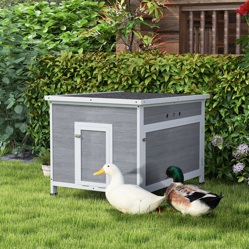 HKM-0424893 Wooden Duck Coop with Openable Roof, Removable Floor, and Double Doors for 3-6 Ducks or Chickens