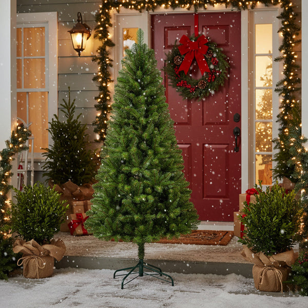 HKM-042579 7FT Unlit Christmas Tree with 775 Tips, Durable PVC Branches, and Metal Stand for Holiday Decor