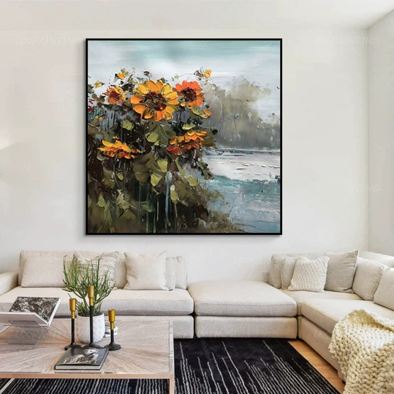 HKM-042707 Hand-Painted Abstract Countryside Oil Painting with Sunflowers on Canvas for Home Decor
