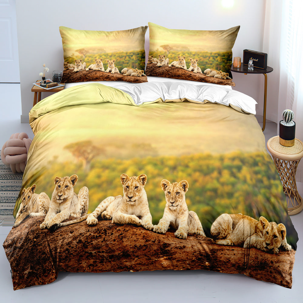 HKM-043091 Lion 3-Piece Bedding Set with Duvet Cover, Bed Sheet, and Pillowcase in Minimalist Style