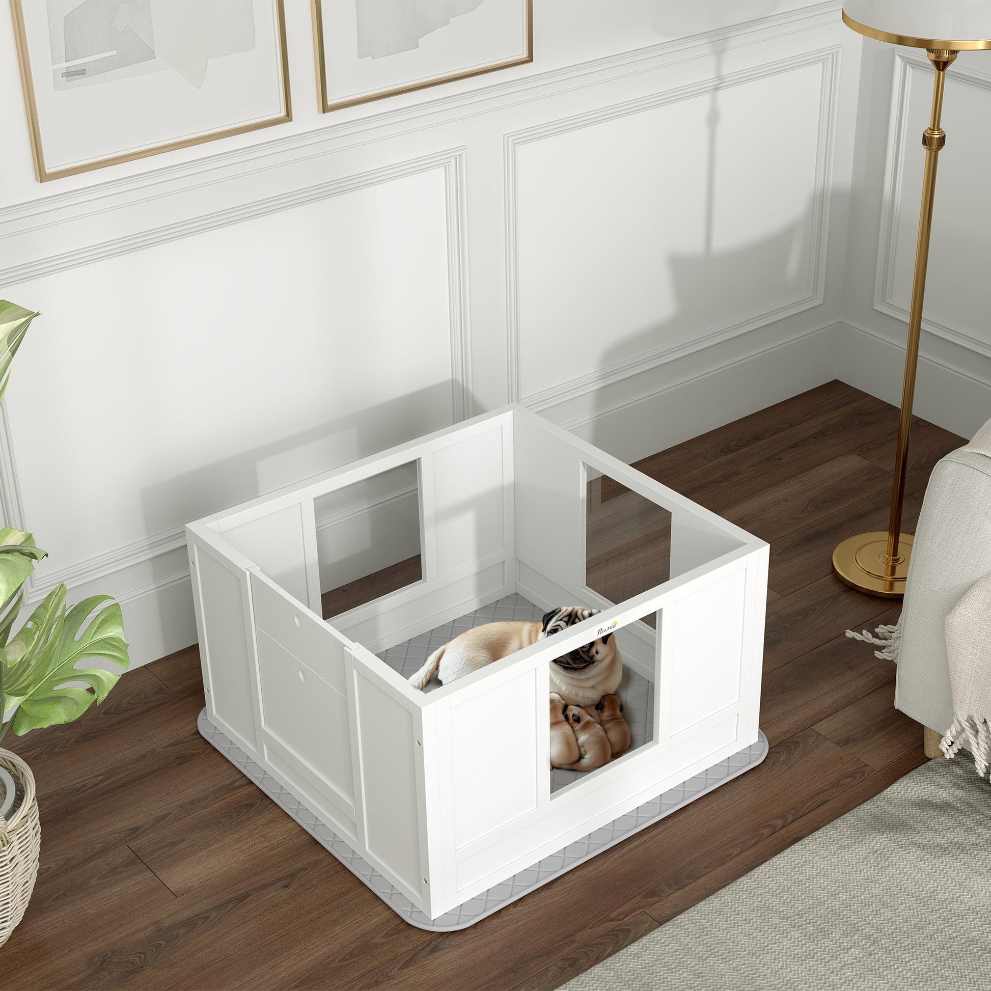 HKM-0432445 Whelping Box for Small Dogs with Adjustable Entrance, Waterproof Pad, and Non-slip Features