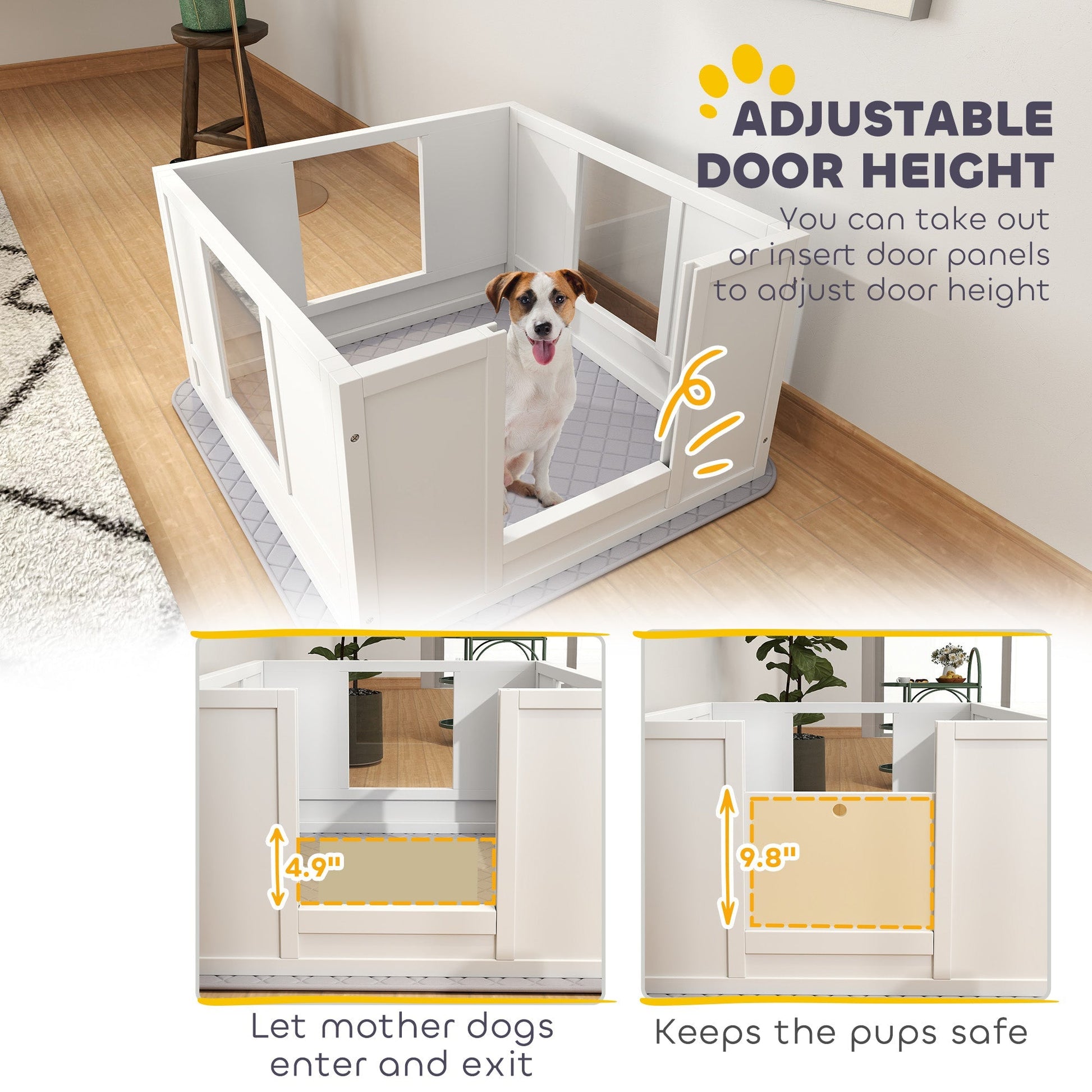 HKM-0432445 Whelping Box for Small Dogs with Adjustable Entrance, Waterproof Pad, and Non-slip Features