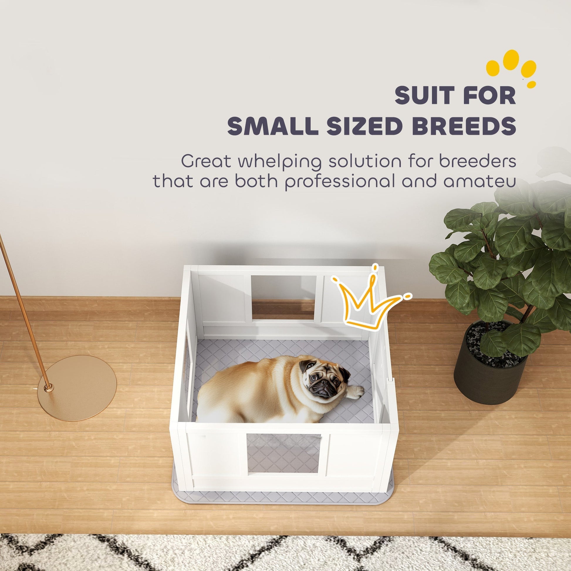 HKM-0432445 Whelping Box for Small Dogs with Adjustable Entrance, Waterproof Pad, and Non-slip Features