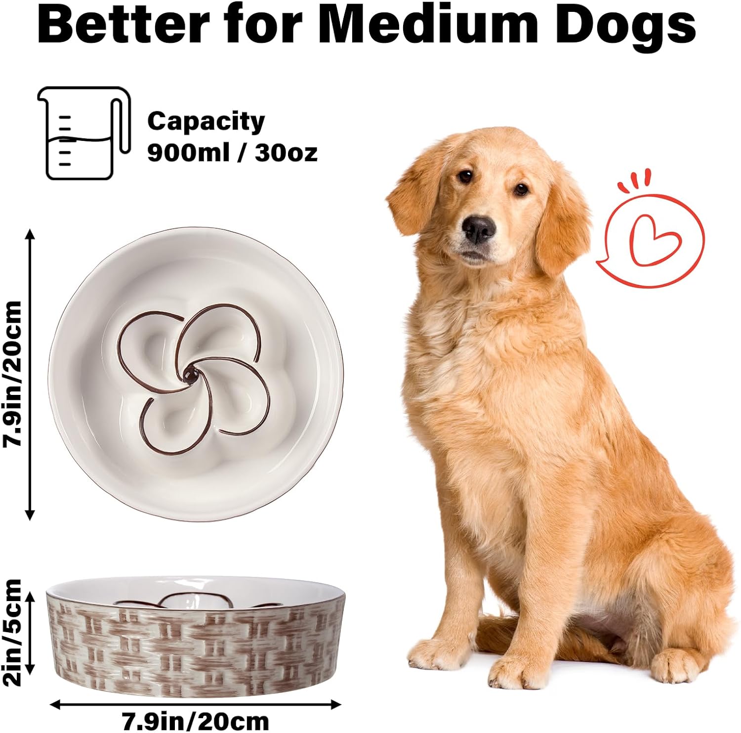 HKM-0432957 Ceramic Non-Slip Slow Feeder Bowl for Medium to Large Dogs