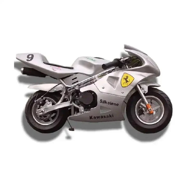 HKM-8043347 50cc 2-Stroke Gas Pocket Bike for Kids with Full Fairing Bodywork Front and Rear Disc Brakes and 10-Inch Wheels