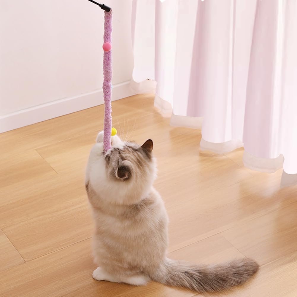 HKM-0434237 Interactive Plush Cat Wand with Colorful Teaser Strip and Bells for Engaging Playtime