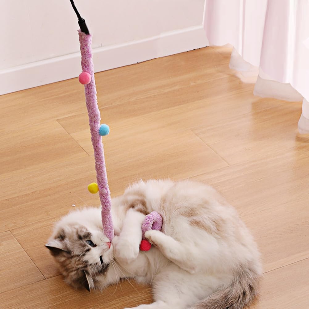 HKM-0434237 Interactive Plush Cat Wand with Colorful Teaser Strip and Bells for Engaging Playtime