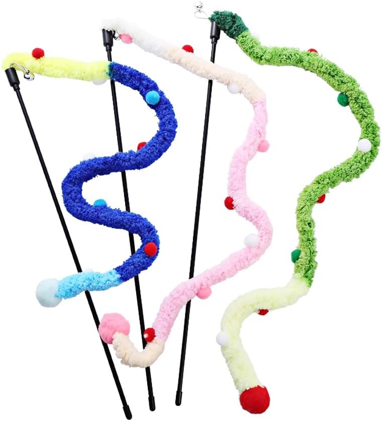 HKM-0434237 Interactive Plush Cat Wand with Colorful Teaser Strip and Bells for Engaging Playtime