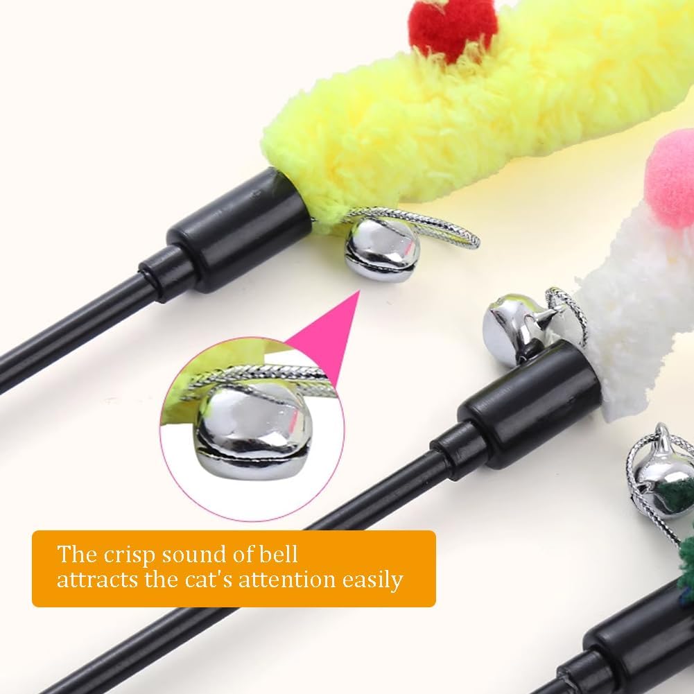 HKM-0434237 Interactive Plush Cat Wand with Colorful Teaser Strip and Bells for Engaging Playtime
