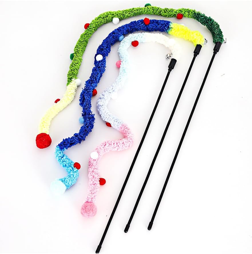 HKM-0434237 Interactive Plush Cat Wand with Colorful Teaser Strip and Bells for Engaging Playtime