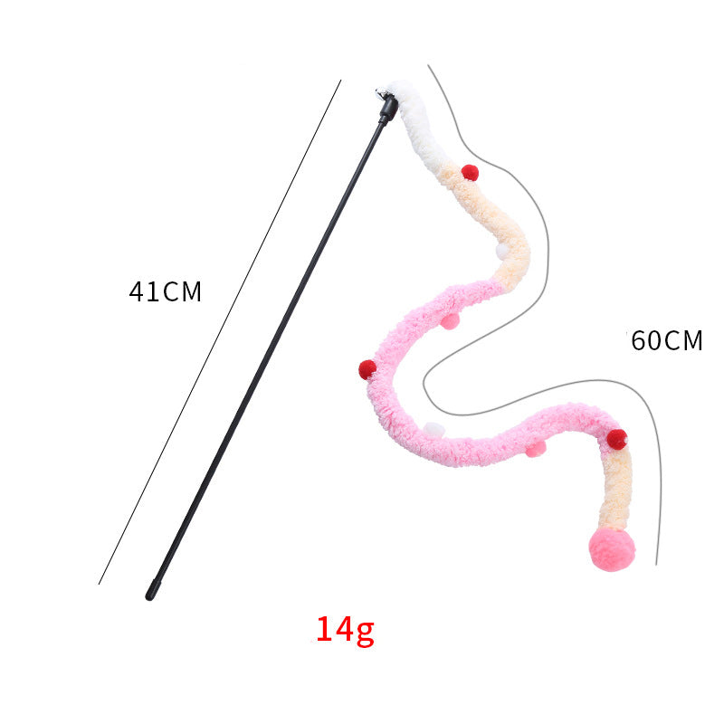 HKM-0434237 Interactive Plush Cat Wand with Colorful Teaser Strip and Bells for Engaging Playtime