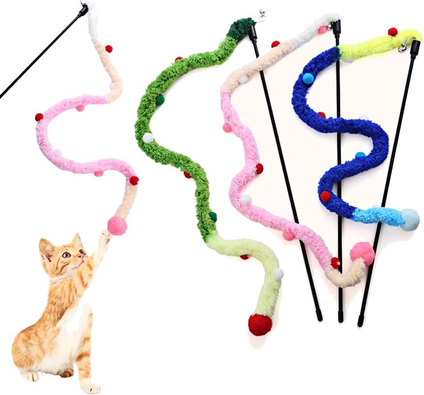 HKM-0434237 Interactive Plush Cat Wand with Colorful Teaser Strip and Bells for Engaging Playtime
