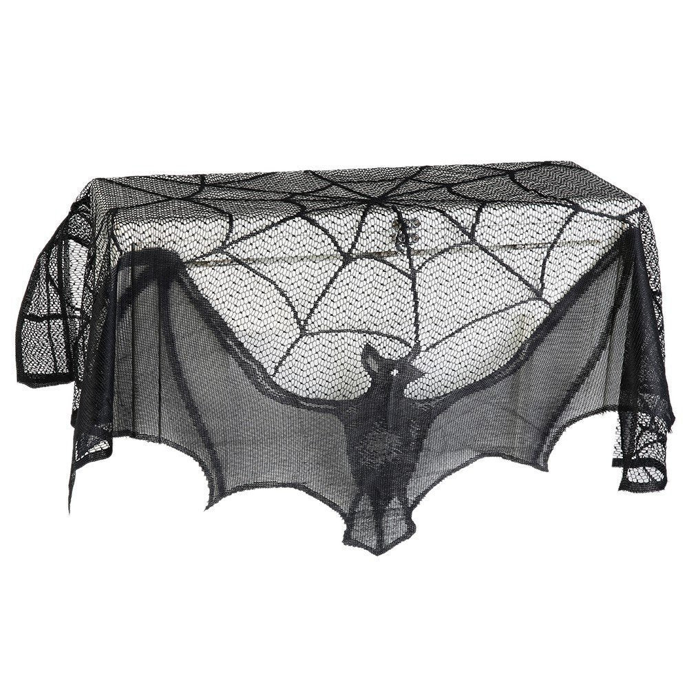 HKM-043475 Black Spider Web Bat Lace Curtain - Halloween Decoration, Polyester Fiber, 93 x 57 cm
